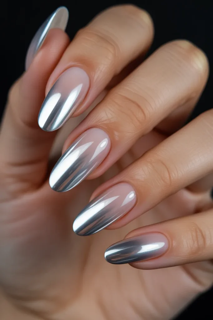 6. Long Oval Nail Designs — Chrome Ombre