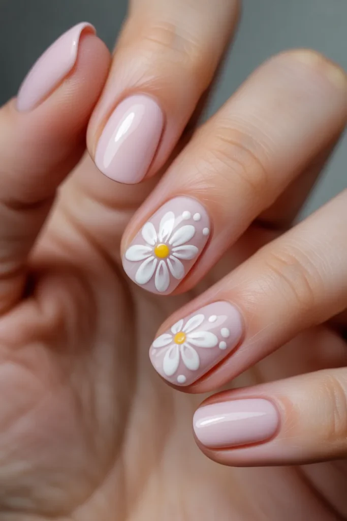 6. Pastel Pink Nail Art with White Florals — Romantic and Timeless