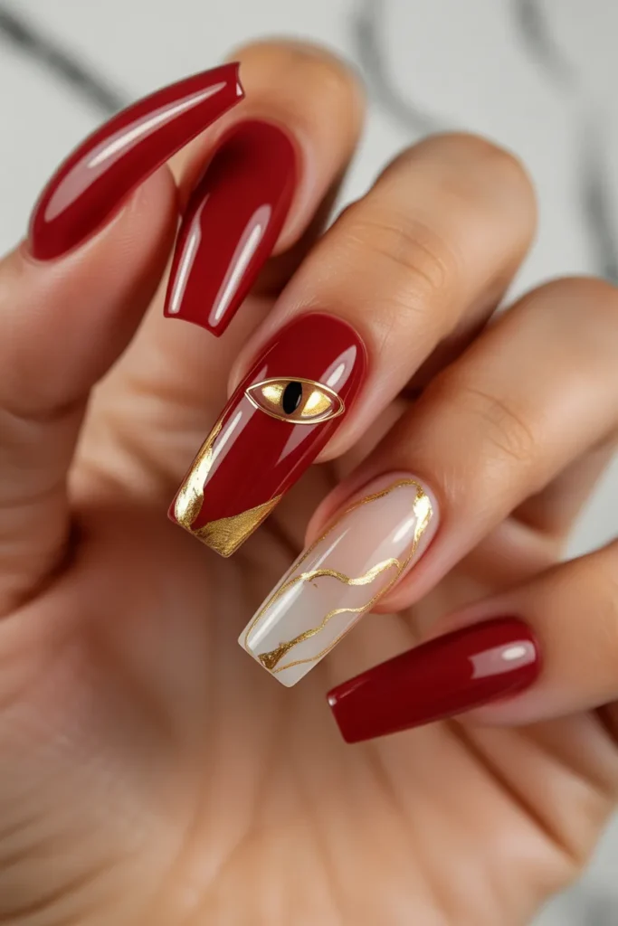 6. Red Cat Eye Nails with Gold Accents