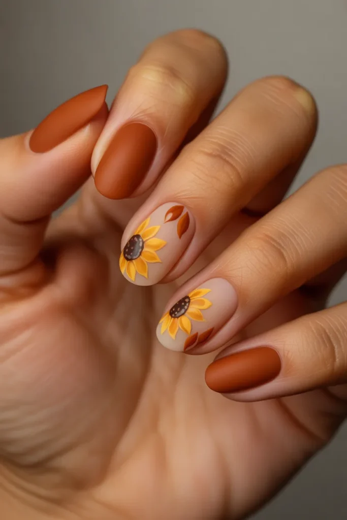 6. Sunflower Nails Fall — Warm Brown and Amber