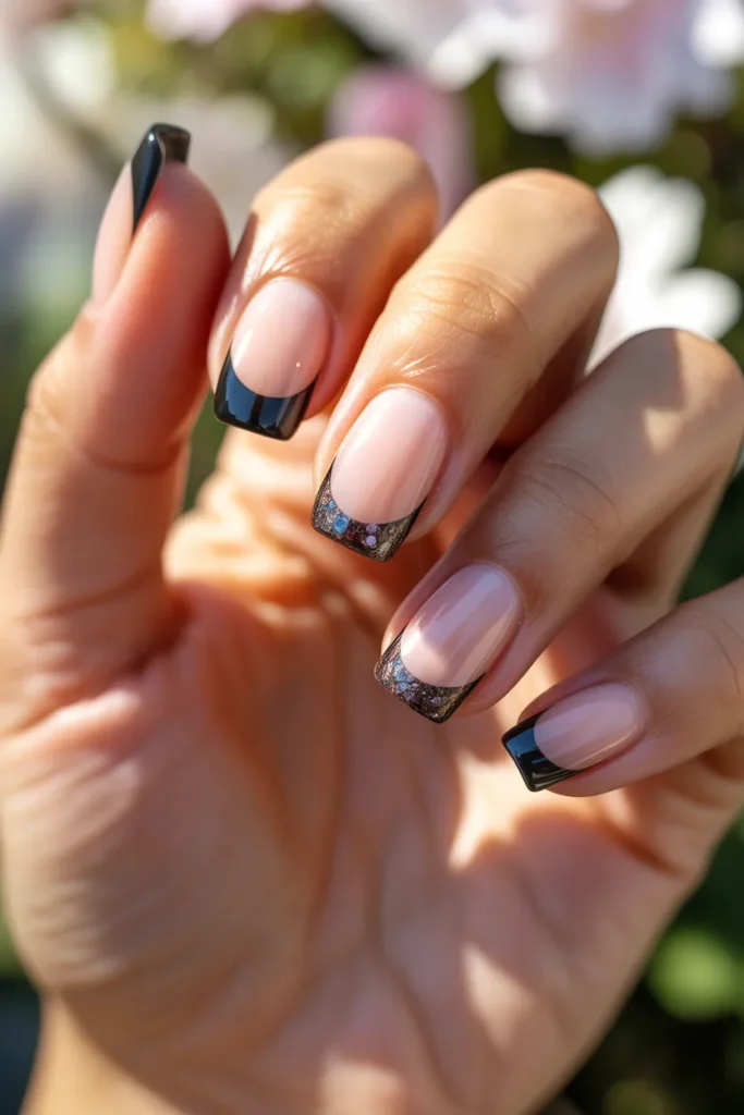 7. Black French Tip Nails with Glitter