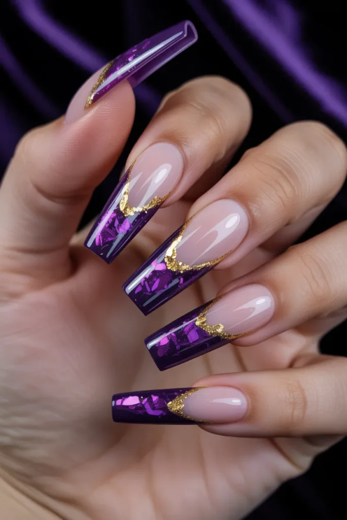 7. Black and Purple Acrylic Nails with Glitter and Foil