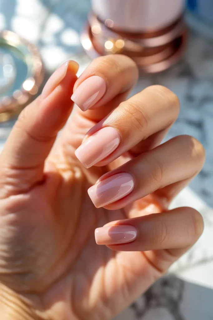 Short Acrylic Nails 8 7. Coffin Shape in Nude Rose