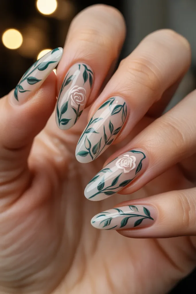 7. Oval Nails Acrylic — Detailed Botanical Set