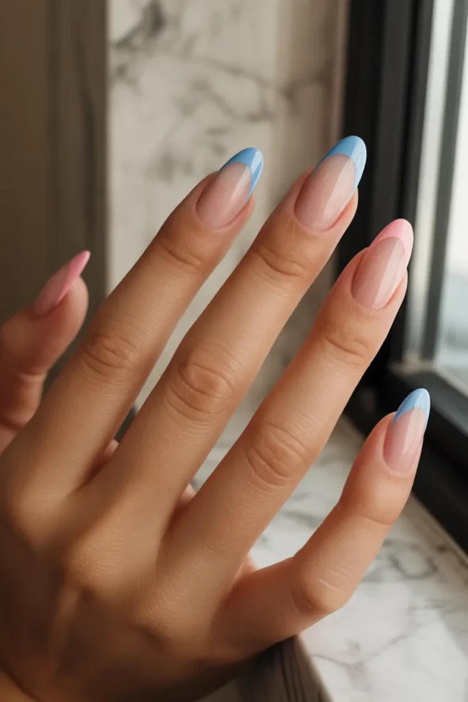 7. Pink and Blue French Tip Nails