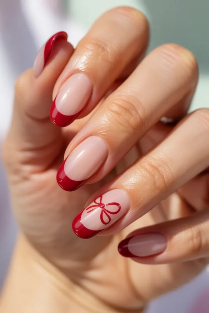 7. Red French Tip Nails with Bow Detail