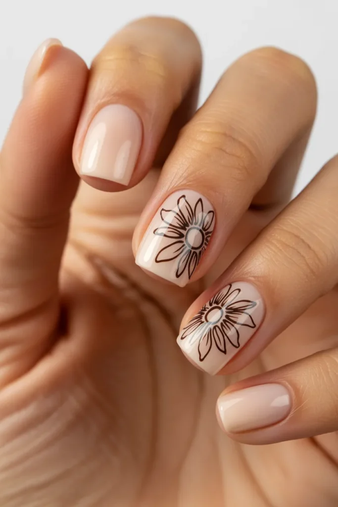 7. Simple Sunflower Nail Design with Line Art