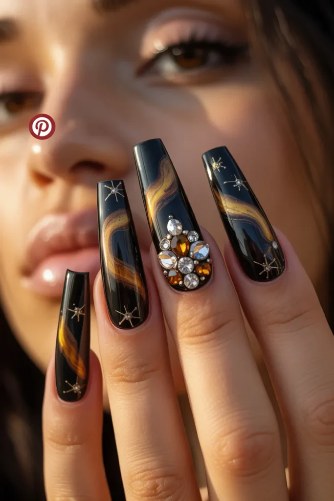 8 — Gold Galaxy Nails with Rhinestone Accents