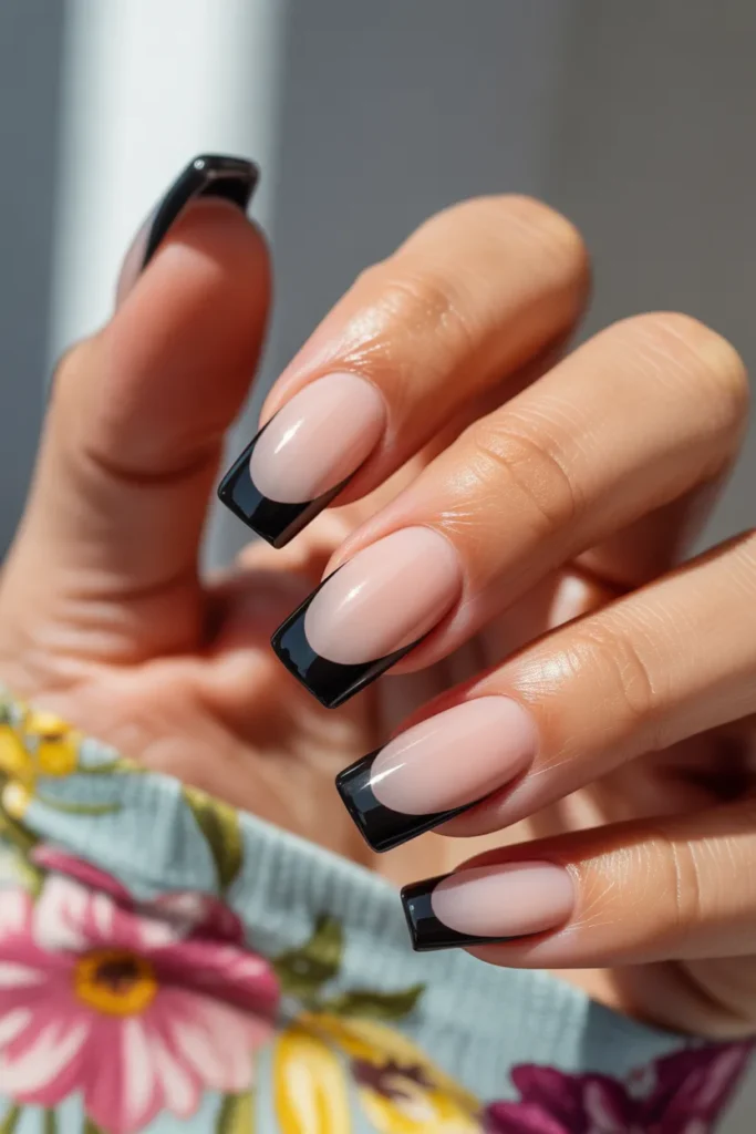 8. Black French Tip Coffin Nails