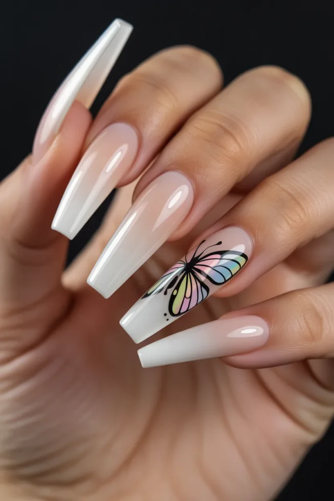 8. Butterfly Nails Coffin Shape