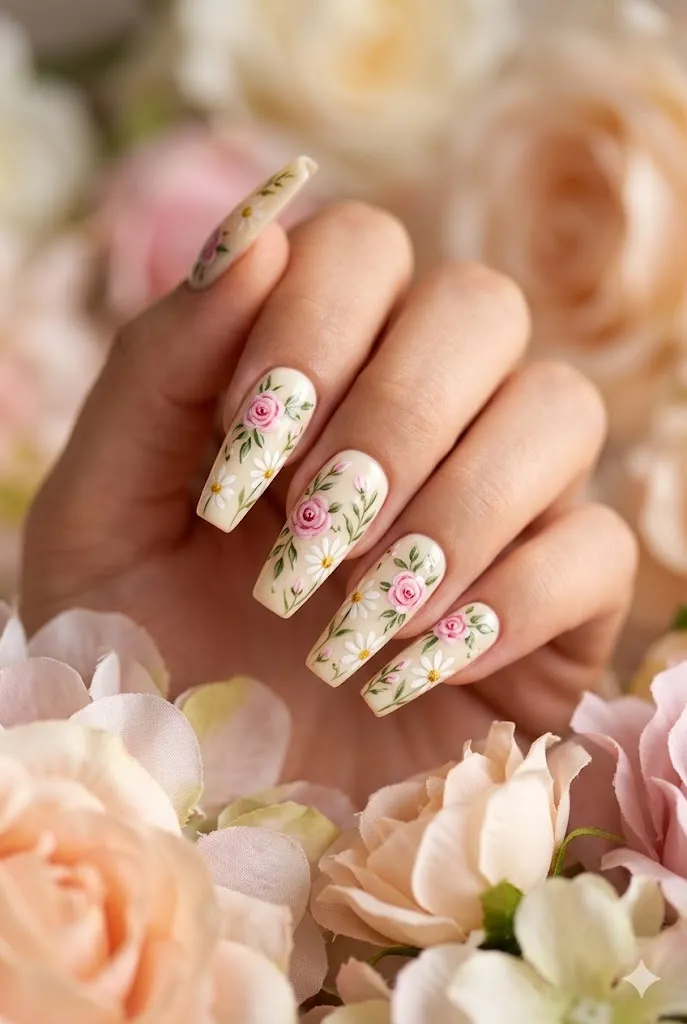 8. Coffin Acrylic Nails With Spring Flowers That Feel Bold and Beautifully Detailed