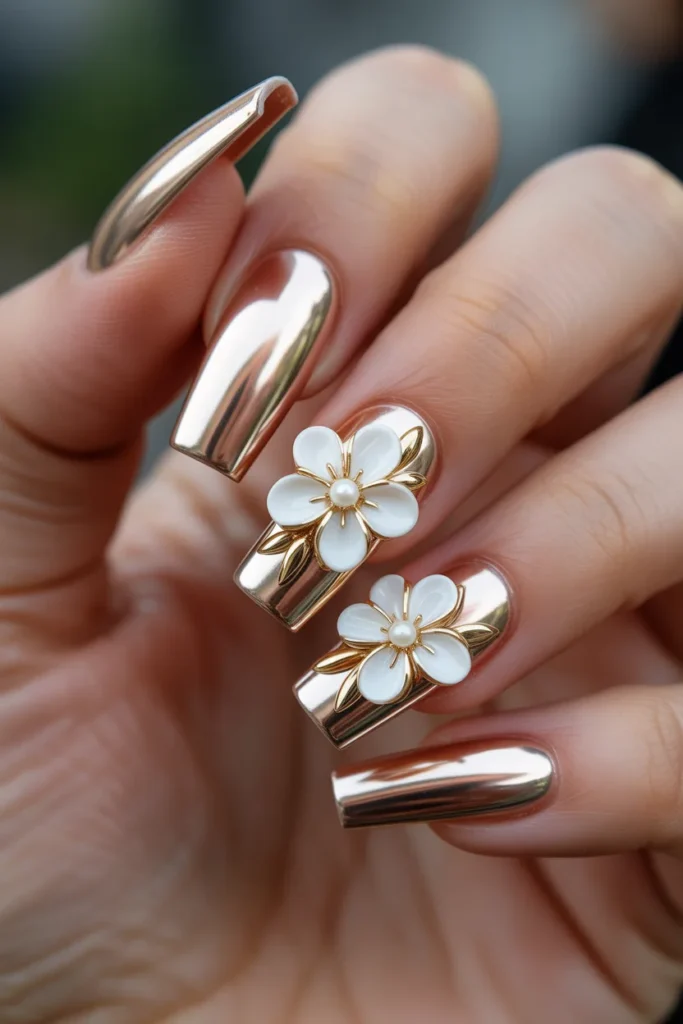8. Gold Chrome Nails with 3D Flowers