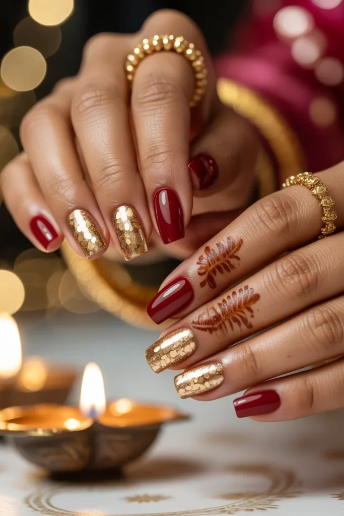 Glitter Nails 9 8. Gold and Red Glitter Nails for Diwali