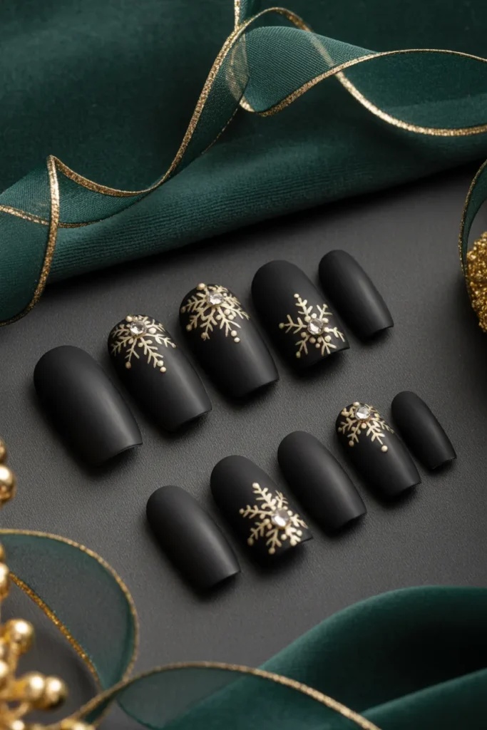 8. Goth Christmas Nails — Black with Gold Snowflakes