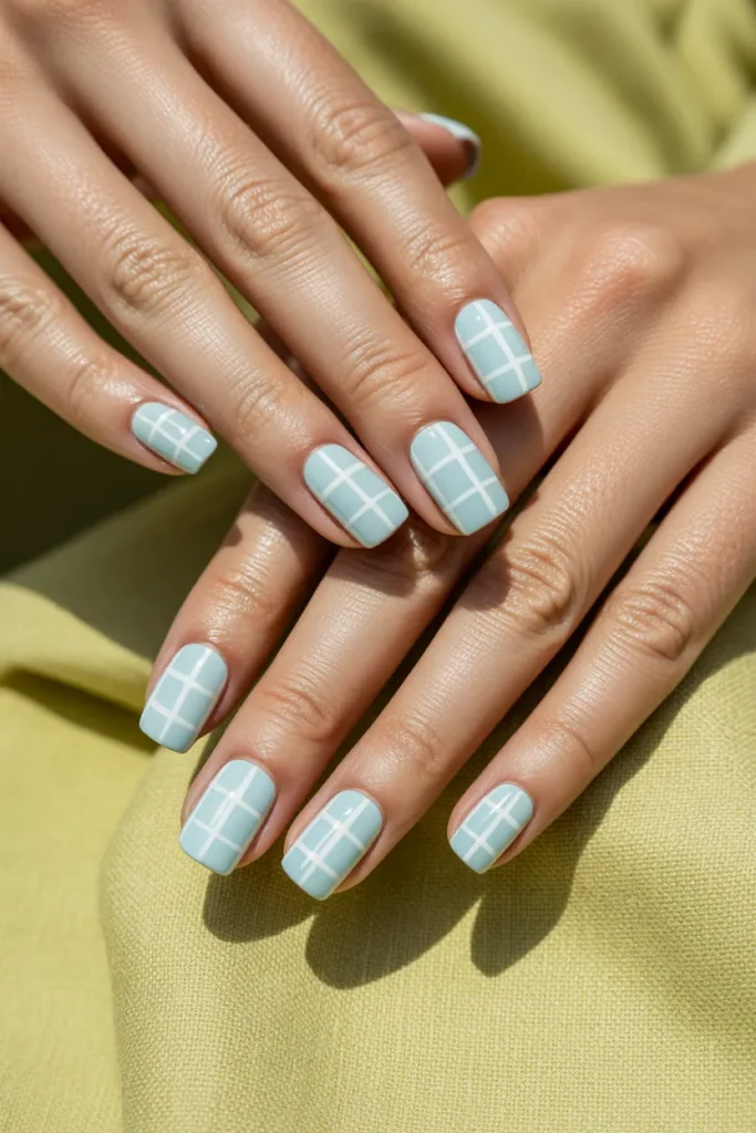 8. Pastel Blue Checkerboard Nails