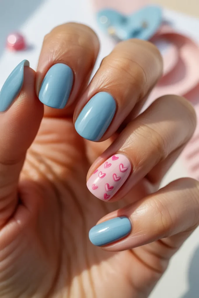 8. Pastel Blue With Pink Heart Details