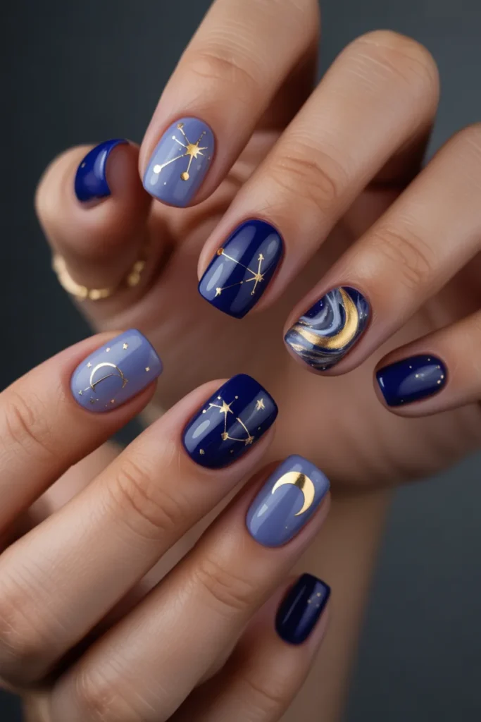 8. Short Coachella Nails With Celestial Star Art That Feel Cosmic and Cool