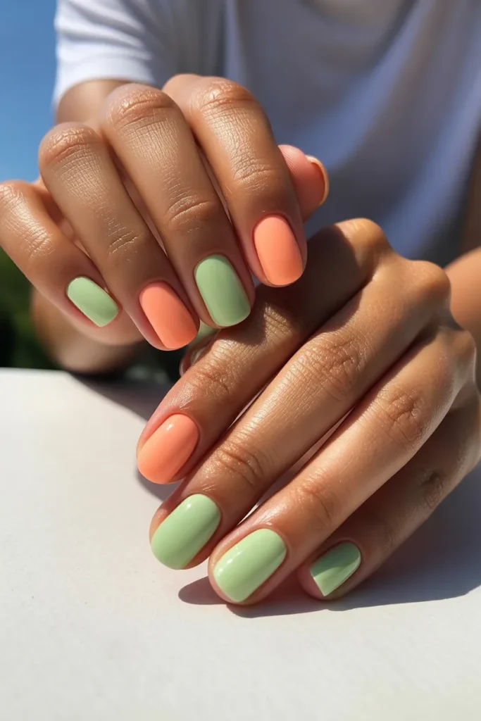 8. Simple Summer Gel Nails — Melon and Mint Two Tone