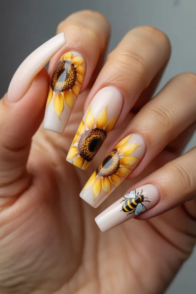 8. Sunflower Nails Design on Coffin Shape