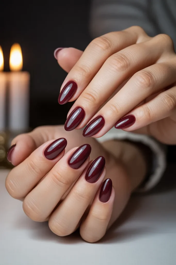 8. Wine Red Oval Nails — Deep and Dramatic