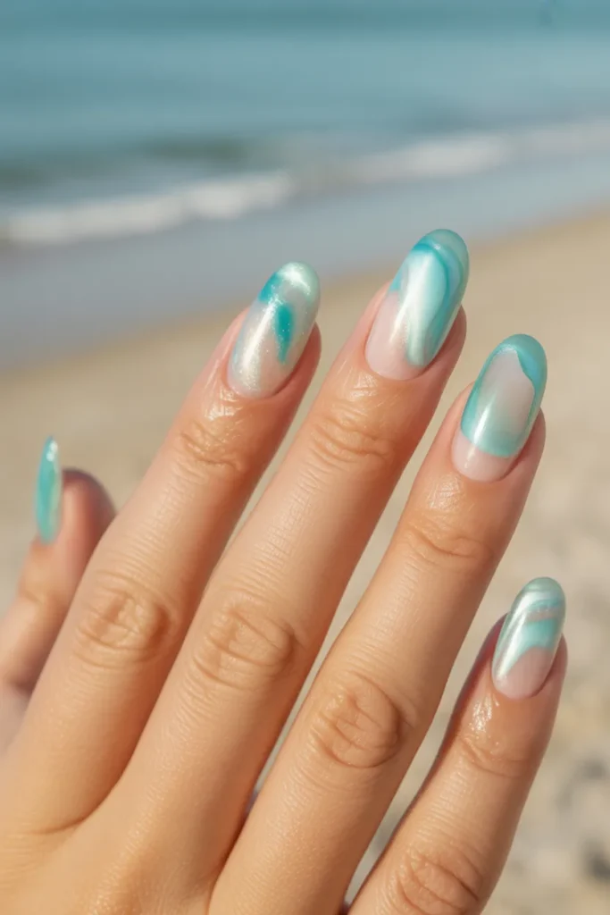 9. Beach Vacation Gel Nails — Sea Glass Effect