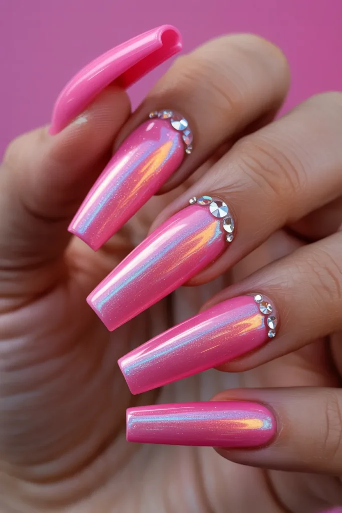 9. Coachella Acrylic Nails in Holographic Pink That Turn Every Head