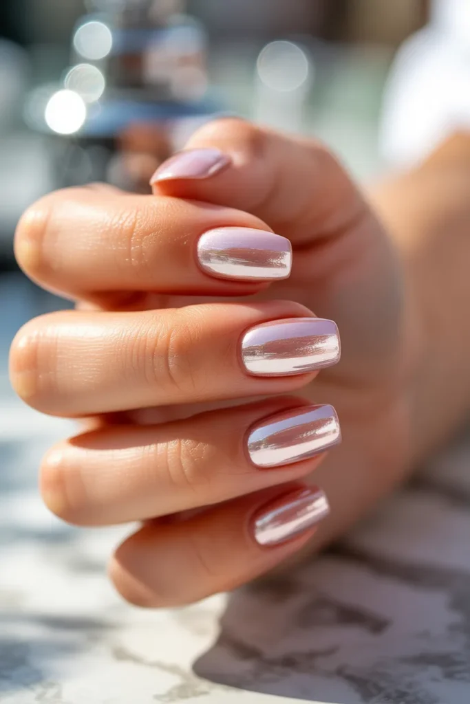 Short Acrylic Nails 10 9. Fair Skin Soft Pink Chrome