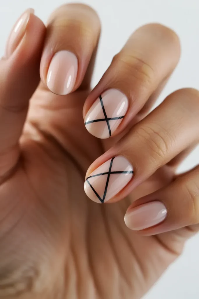 9. Oval Nails with Designs — Geometric Line Art