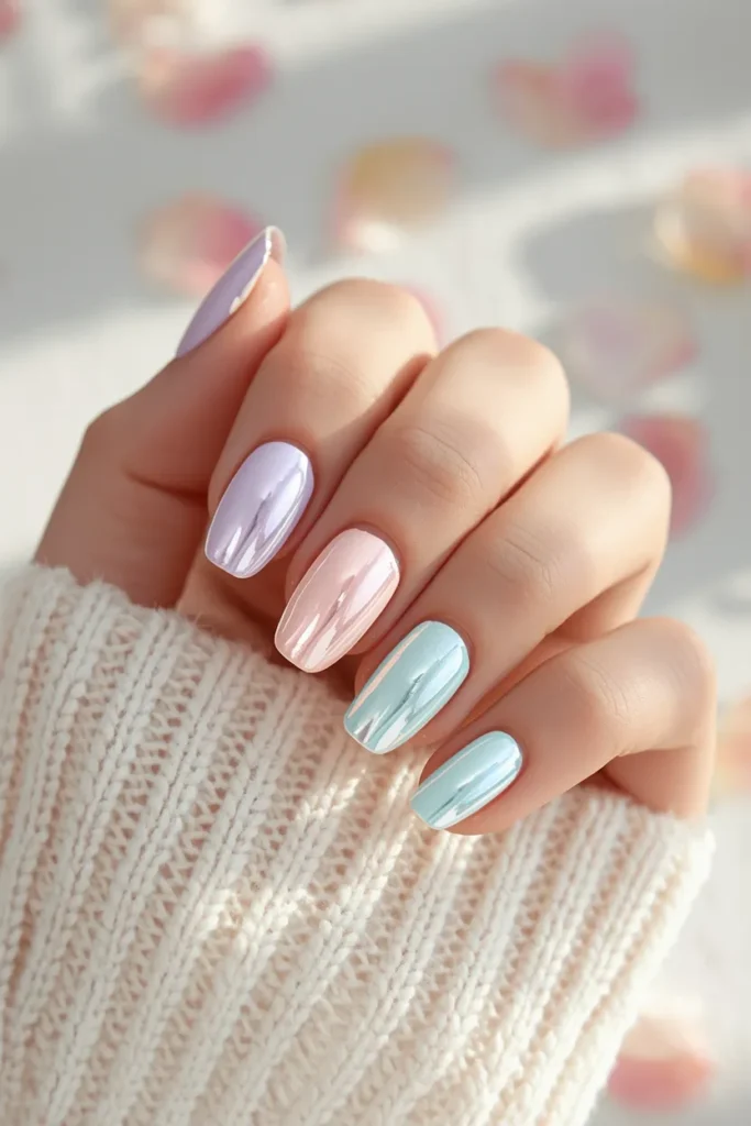 9. Pastel Chrome Nails in a Mismatched Set That Feels Dreamy and Modern