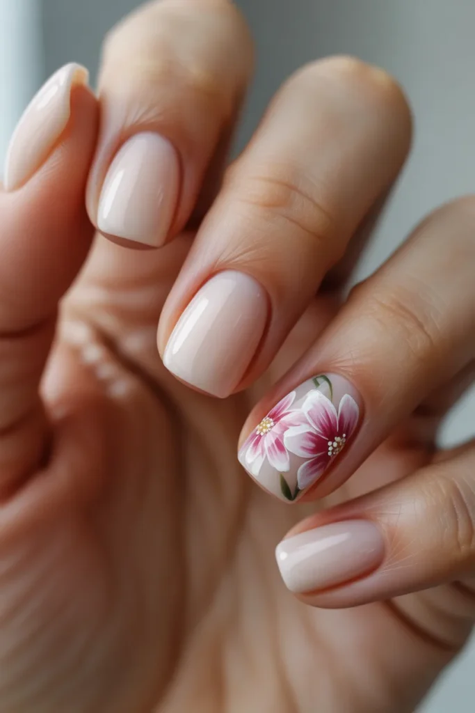9. Pink Flower Nail on Neutral Base
