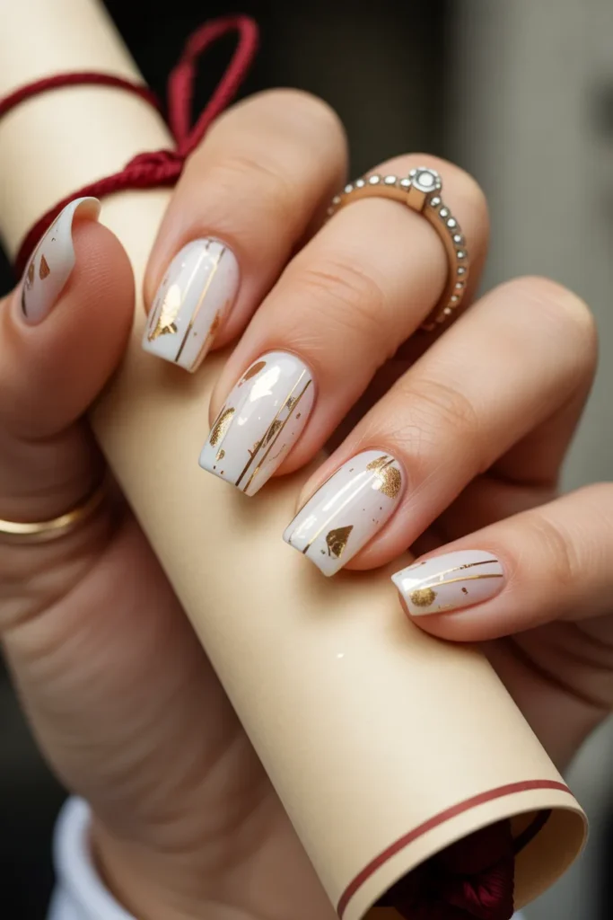 9. White Nails with Gold Accents — Pure Elegance