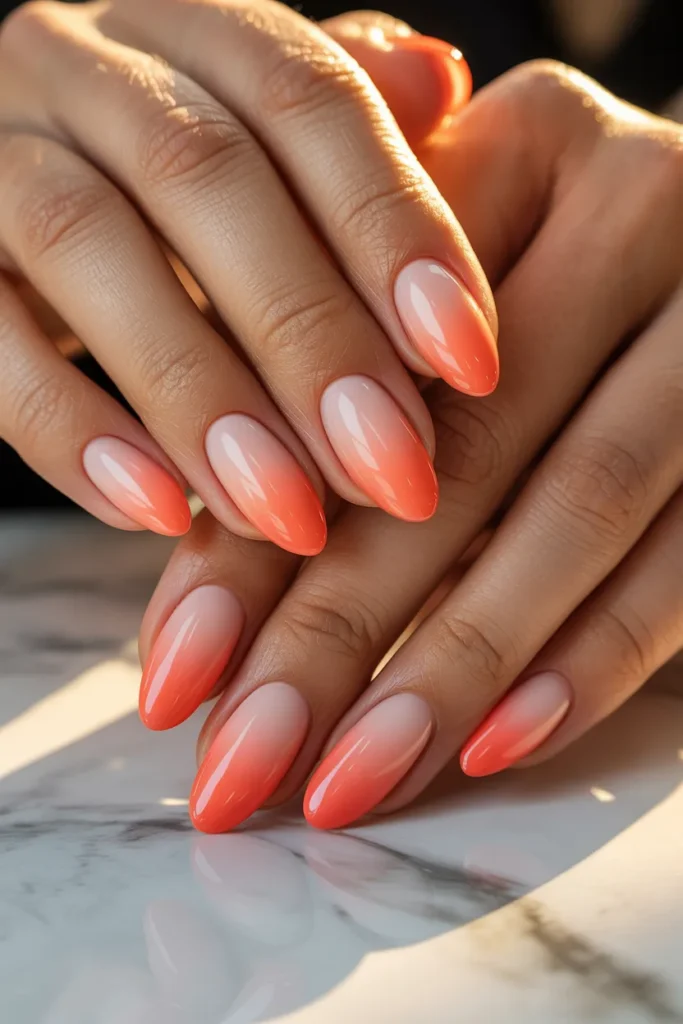 End of Summer Nails 2 1 Coral Ombre Almond Nails