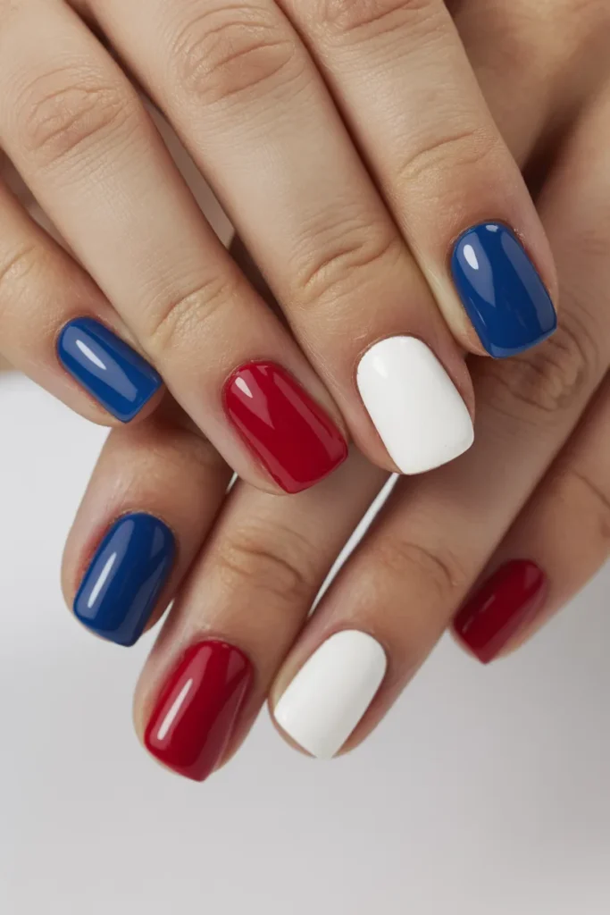 Memorial Day Nails 2 1. Classic Red White Blue Gel — Short Square