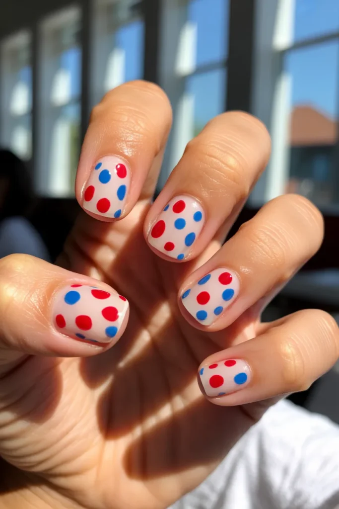 Short 4th July Nails 2 1. Red White and Blue Polka Dot Nails