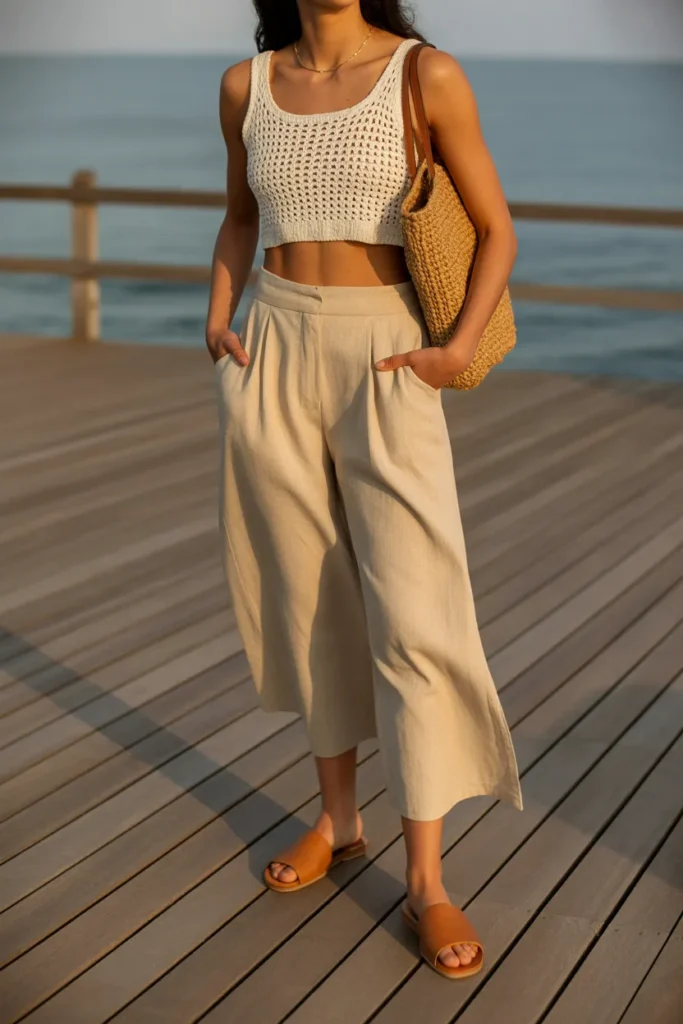 1. White Crochet Crop Top and Linen Shorts