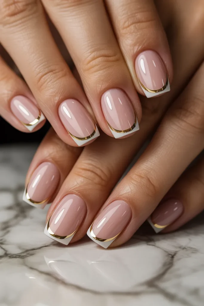 Line French Tip Nails 2 1.Gold Line — Short Almond