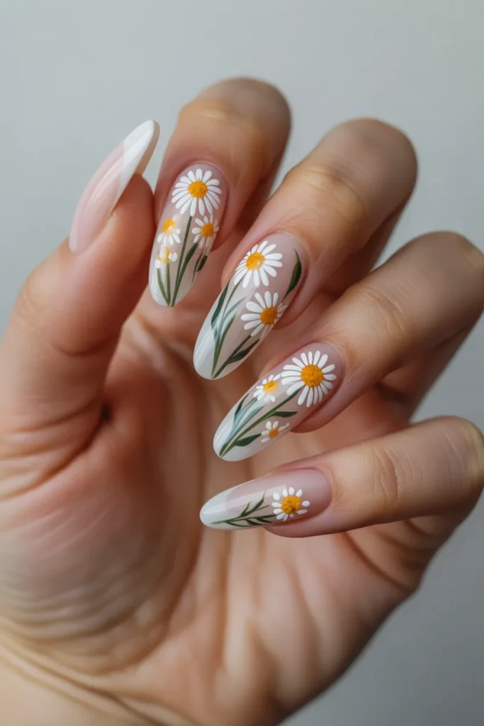 10. Daisy Nails Acrylic — Long Almond Botanical Set