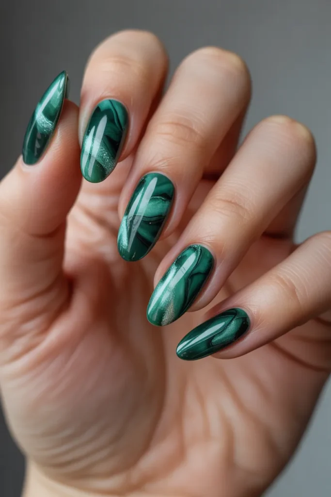 10. Green Marble Nails Almond — Chrome Overlay