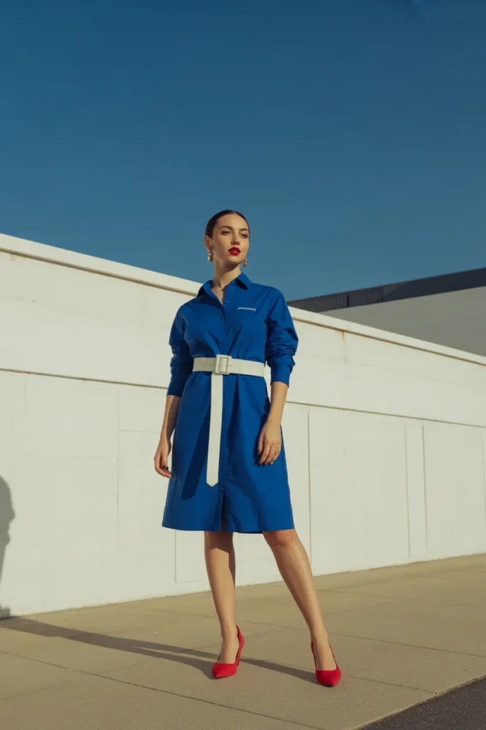10. Minimalist Blue Dress and Red Lip