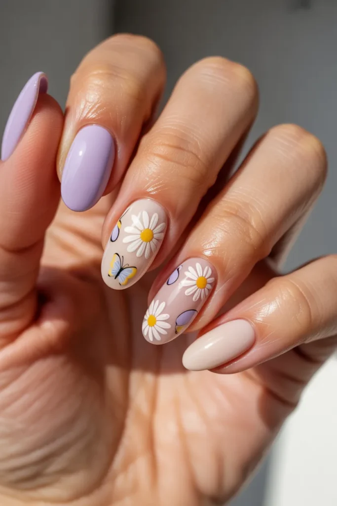 10. Mothers Day Nail Art — Daisy and Butterfly Mix