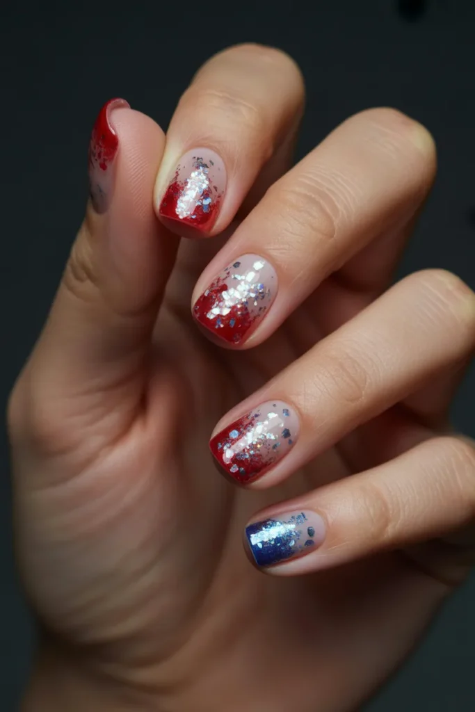 Short 4th July Nails 11 10. Red White Blue Glitter Ombre