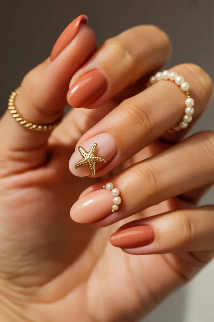 10. Summer Starfish Nails — Coral and Pearl Set