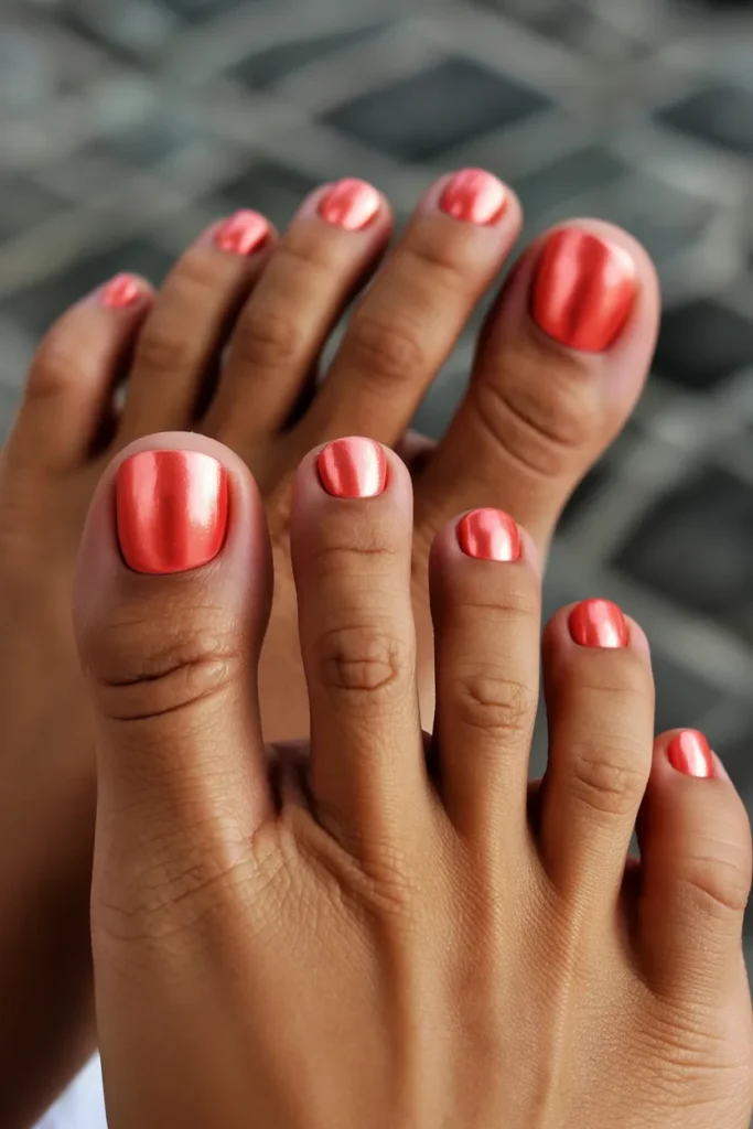 10. Summer Toe Nail Colors 2026 — Chrome Coral