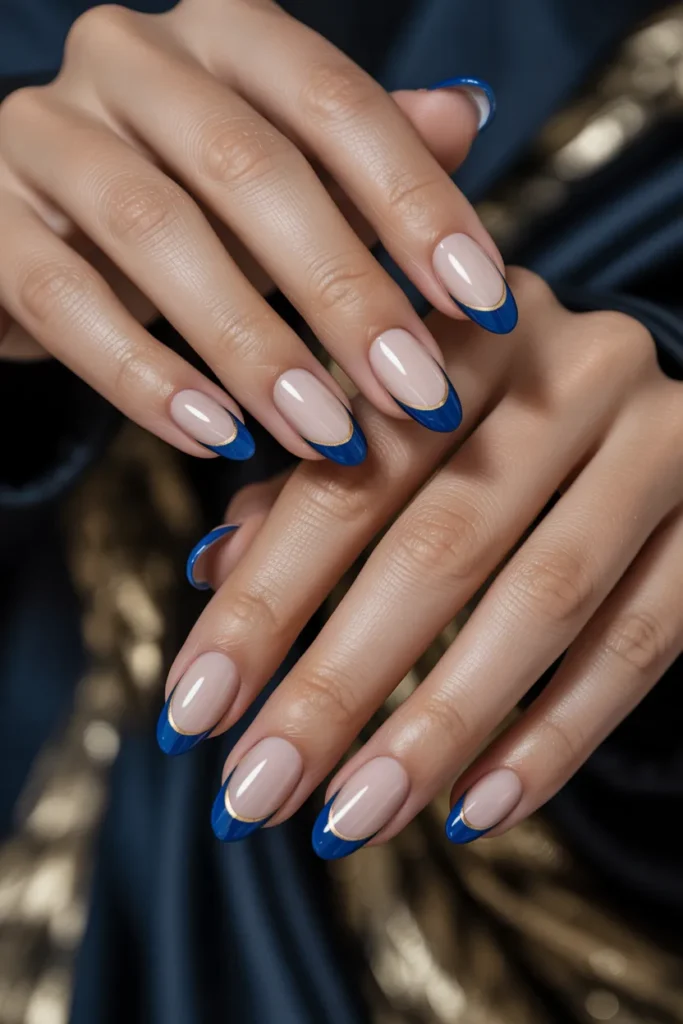 Line French Tip Nails 11 10.Blue Tip Almond