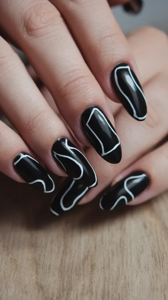 11. Black Chrome Nails with White Lines — Mirror and Detail