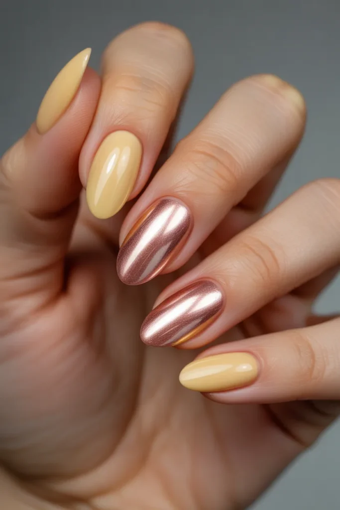 11. Butter Yellow Nails with Chrome — Rose Gold Combination