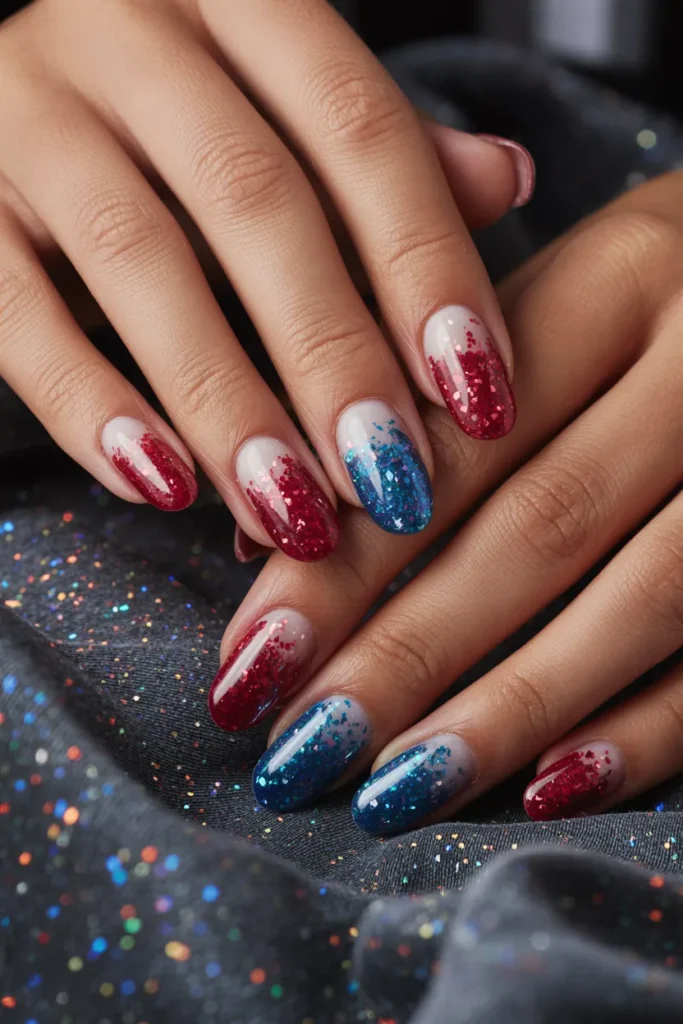 Memorial Day Nails 12 11. Glitter Patriotic Ombre — Medium Almond