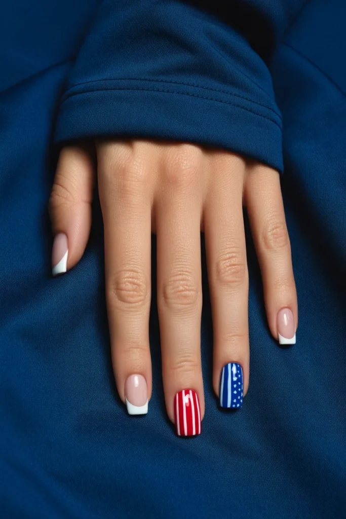 4th of July French Tip Nails 12 11. Independence Day Nail Art with a Flag Inspired Accent
