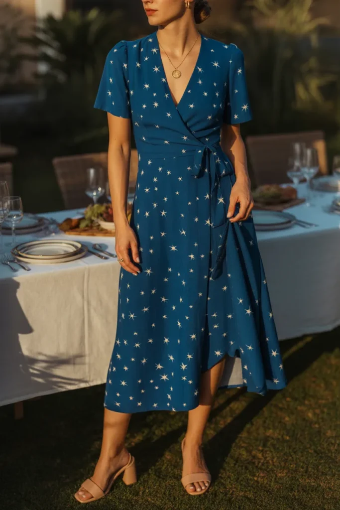 11. Navy Star Print Wrap Midi Dress