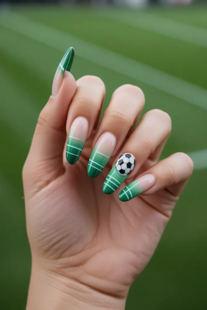 11. Soccer Nails Acrylic — Long Almond with Field Gradient